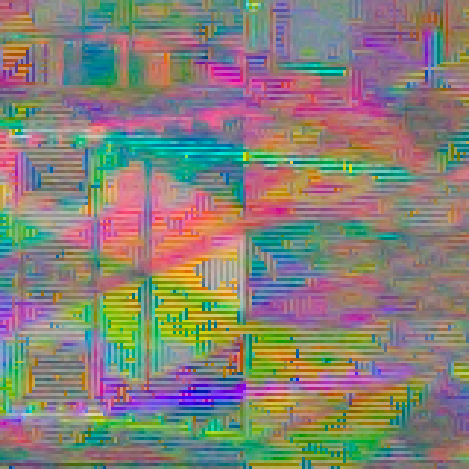 Enlarged detail of the city photograph showing repeating coloured edges and interference