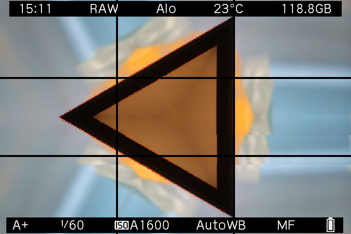 Kaleidoscope pattern in EOS M LiveView with Canon exposure information and framing grid