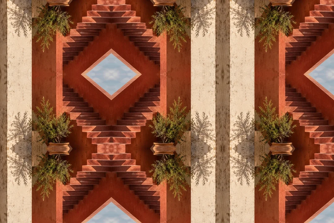 Illustration of mirrored borders and corners surrounding the original center of a seaside scene