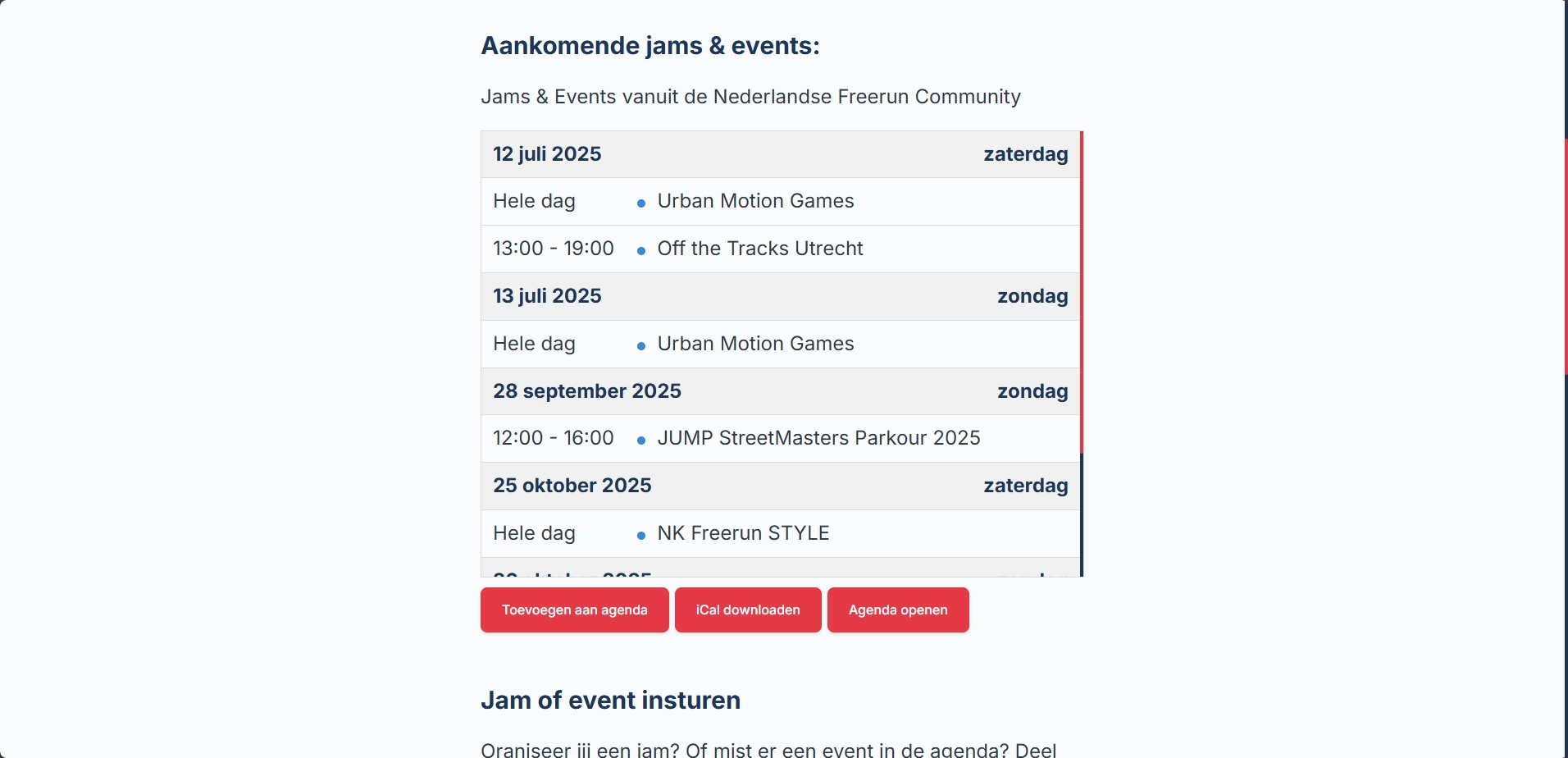 PKFR.nl Screenshot Jam Events Calendar Freerunning